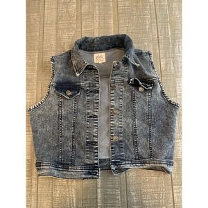 CELLO Distressed Denim Vest Jacket Blue Stretchy Pockets‎ Size Large Button Up